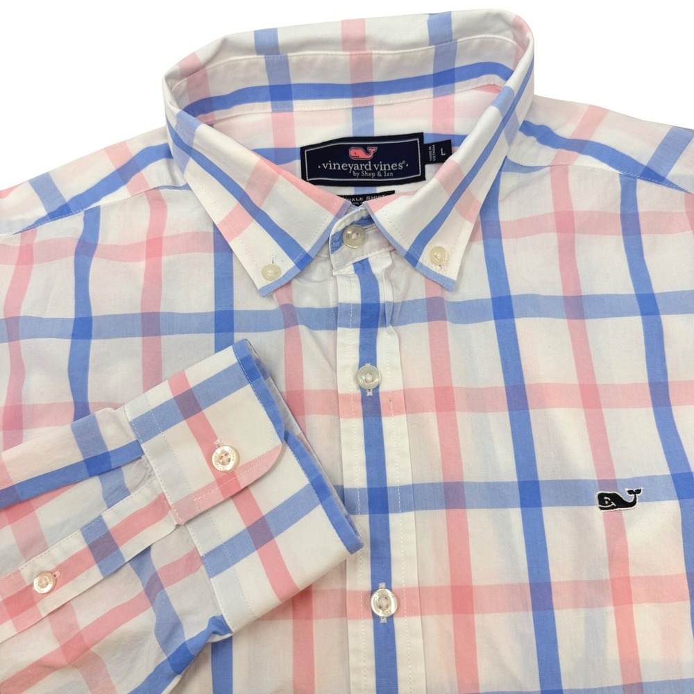 Vineyard Vines Mens Large Blue Pink Plaid Whale Shirt Cotton Button Down Large